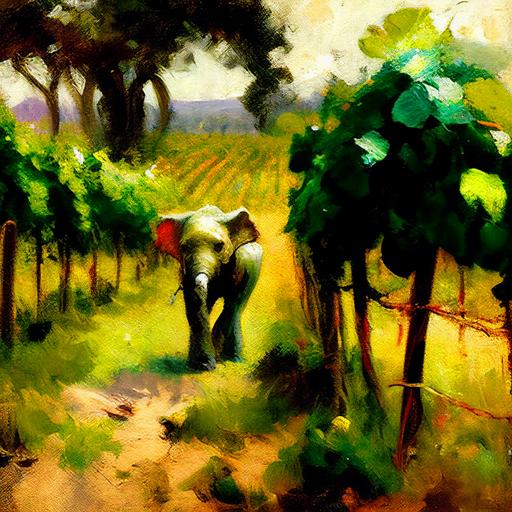 italian winefield with a baby Elephant thats sticking out above the grape threes, Painting style by Max Liebermann, Hapiness, natural Textures