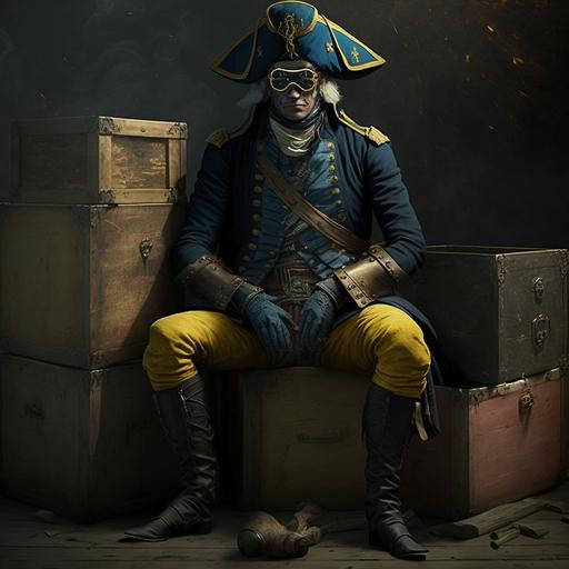 a man in a balaclava, dark shade glasses in a tricorne, with a mocking smile. In a military 17th century uniform in a navy blue coat and yellow trousers, sitting on military crates with a battlefield on the distance. Full body photorealistic - @oooh its working (fast)