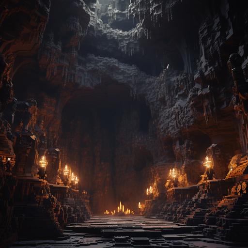 the inside of a dark cave made out of legos, dimmly lit, gloomy, dark, lego, lego skeleton, Lego World, ray tracing, ultra detailed. 4k