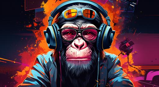 monkey on a computer screen with gifs and headphones, dj, and burger 79873012, in the style of realistic animal portraits, linear illustrations, sandalpunk, steempunk, creased, graphical, representational --ar 56:31