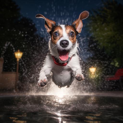 jack russell dog jumping with fun, in a fountain getting wet, unreal in an unreal world, photorealistic, studio lighting, canon RF 28-70mm