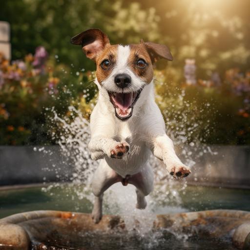jack russell dog jumping with fun, in a fountain getting wet, unreal in an unreal world, photorealistic, studio lighting, canon RF 28-70mm