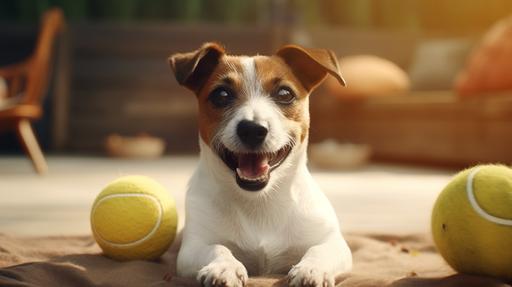 jack russell terrier, happy, sit down, cute, he got a ball, 4k, ultra realistic, --ar 16:9