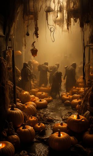 jackolantern, john death, halloween, horror, scarecrow, scarecrows, monsters,, in the style of kim keever, secluded settings, edoardo tresoldi, eve ventrue, mysterious jungle, stage-like environments, farm security administration aesthetics --c 25 --ar 13:22 --s 300