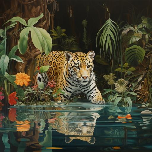 jaguar in a jungle drinking from a body of water, with trees, mushrooms, ferns, peacock feathers, in the style of stanely mouse