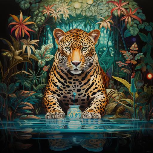 jaguar in a jungle drinking from a body of water, with trees, mushrooms, ferns, peacock feathers, in the style of stanely mouse