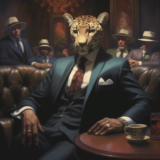 jaguar in suit, mafia, other animals in suits in background, cool, fancy, oil painting --v 5.1