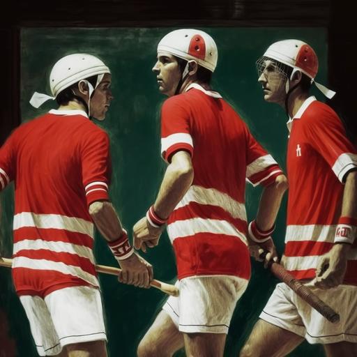 jai alai game, three players, red jersey, white shorts,