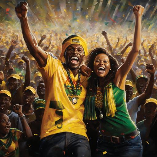 jamaican men and women celebrating at a football match