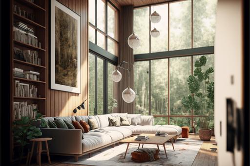 japandi living room, high ceilings, cherry wooden walls, big windows, Jungle garden, puffy cream couch, electronics, library books, clean white rug, cherry wood floor, low hanging glass bulbs, botanical, volumetric light shimmering --q 2 --ar 3:2