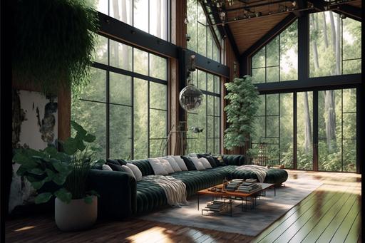 japandi living room, high ceilings, cherry wooden walls, big windows, Jungle garden, puffy cream couch, electronics, library books, clean white rug, cherry wood floor, low hanging glass bulbs, botanical, volumetric light shimmering --q 2 --ar 3:2