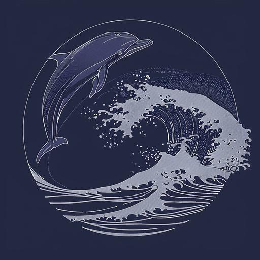 japanee style minimalist single line sketch of a dolphin jumping out of the waves, fluid, black lines on dark blue background, logo ar 17:22