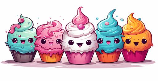 japanese cartoon style, cupcake characters, neon colors, high resolution, white background --ar 293:151