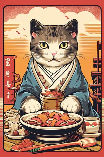 japanese cat with ramen in bowl art print, in the style of portraitures with hidden meanings, neogeo, animated gifs, tarot card, classical, historical genre scenes, animation, neo-geo, bauhaus, --ar 2:3