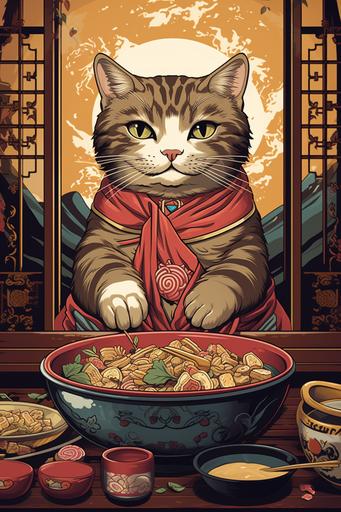 japanese cat with ramen in bowl art print, in the style of portraitures with hidden meanings, neogeo, animated gifs, tarot card, classical, historical genre scenes, animation, neo-geo, bauhaus, --ar 2:3