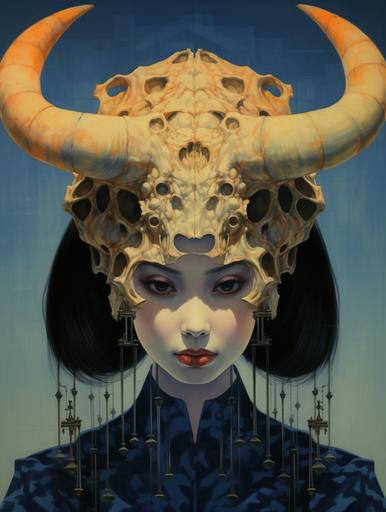 japanese demon girl skull drawing 15 images, in the style of tran nguyen, simplified and stylized portraits, martiros saryan, distorted perspectives, exaggerated forms, quirky cartoonish characters, etam cru, multi-layered compositions --ar 46:61
