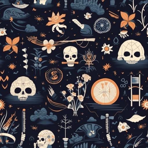 japanese fantasy about death symbols, pattern wallpaper, repeated texture patterns --tile --v 5.1 --s 750 --style raw