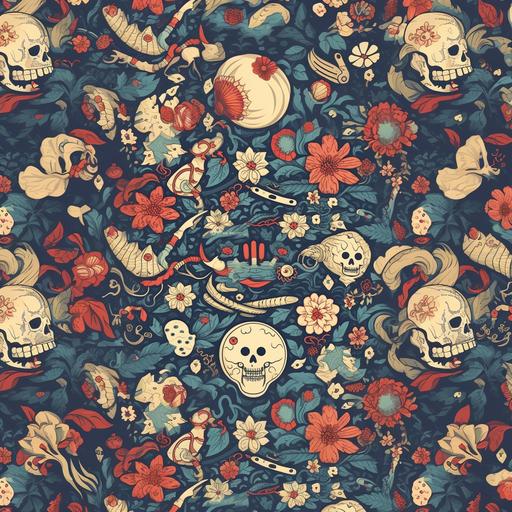 japanese fantasy about death symbols, pattern wallpaper, repeated texture patterns --v 5.1 --s 750 --style raw