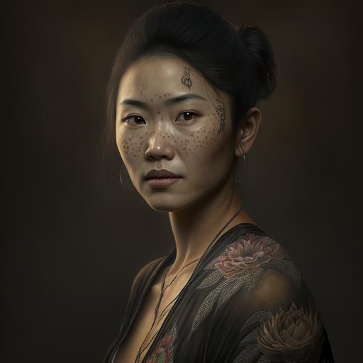 japanese female, mature, painter, (full body visible), looking at viewer, portrait, photography, detailed skin, realistic, photo-realistic, 4k, highly detailed, full length frame, High detail RAW color art, piercing, diffused soft lighting, shallow depth of field, sharp focus, hyperrealism, cinematic lighting
