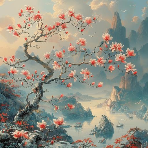 japanese geisha art painting of a magnolia branch blooming red and pink flowers in a Norwegian Fiordland, swirled of mist creating wavy Fibonacci cloud patterns, steep rocks, sunrise on the horizon line. fishing boats in the background with seagulls flying above, bright colors, sunrise tones, and Rembrandt lighting. surrealist x-ray nature poster--ar 31:16 --stylize 1000 --v 6.0