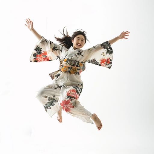 japanese girl jumping happily, white background
