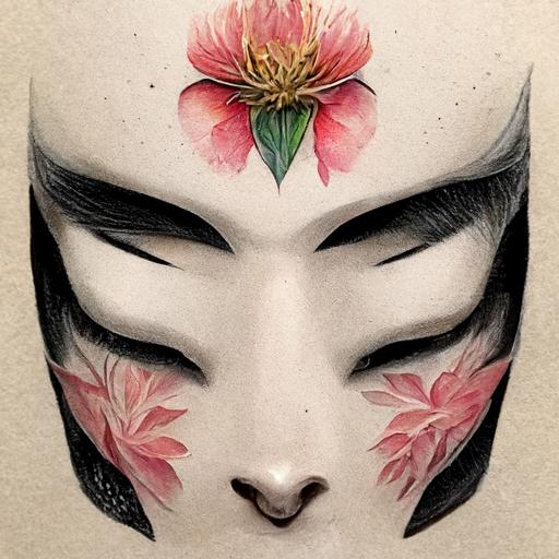 japanese hanya mask, peony, tattoo design, 8k