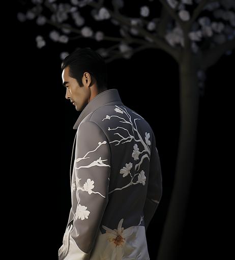 japanese male model walking on a fashion runway wearing a pink Tom Ford casual jacket with a small white sequoia flower pattern eternal --ar 18:20 --style gkYT2wB9tBg8ZGQsWmYibBWXZr883Hn4me8E9BwH --s 750