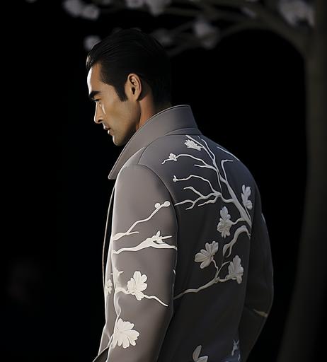 japanese male model walking on a fashion runway wearing a pink Tom Ford casual jacket with a small white sequoia flower pattern eternal --ar 18:20 --style gkYT2wB9tBg8ZGQsWmYibBWXZr883Hn4me8E9BwH --s 750