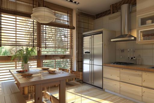 japanese style interior, 20 square meters, Irish kitchen furniture, wood & white color tone, squar table, chair, window, wood blind, sliding door, 4-door refrigerator --ar 3:2