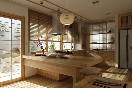 japanese style interior, 20 square meters, island kitchen furniture, wood & white color tone, squar table, chair, window, wood blind, sliding door, 4-door refrigerator --ar 3:2