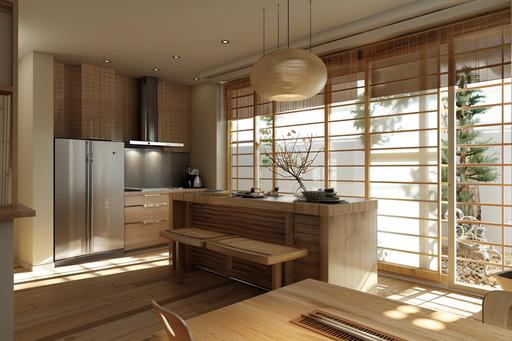 japanese style interior, 20 square meters, island kitchen furniture, wood & white color tone, squar table, chair, window, wood blind, sliding door, 4-door refrigerator --ar 3:2