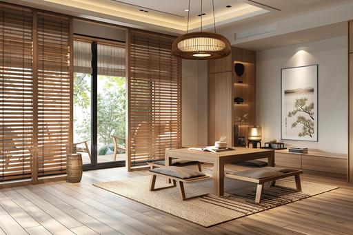 japanese style livingroom interior, 30 square meters, square stand table, wood & white color tone, 4 chair, window, wood blind, sliding door, lamp --ar 3:2