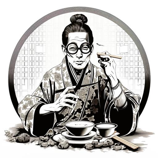 japanese ukiyoe style black and white illustration of a court jester wearing glasses and eating with chopsticks