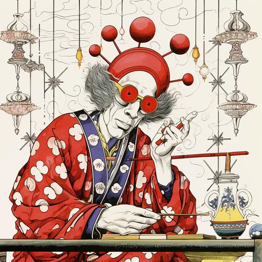 japanese ukiyoe style illustration of a medieval court jester wearing glasses and using chopsticks