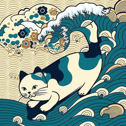 japanese vintage cartoon cat and wave pattern, blue and white,vector,cmyk,color