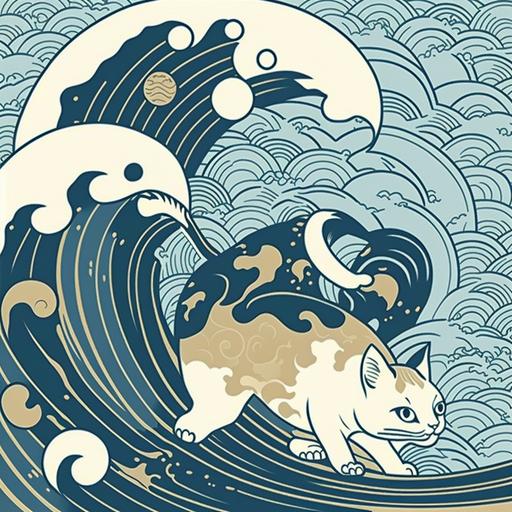 japanese vintage cartoon cat and wave pattern, blue and white,vector,cmyk,color