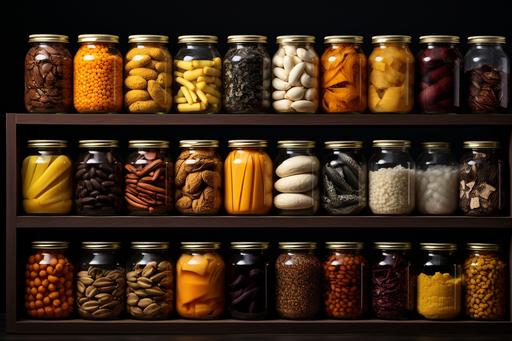 jars of dried foods, condiments, olive oil, mustard, pickles, mushrooms, mustard seeds, in the style of dark pink and dark orange, farm security administration aesthetics, photo-realistic techniques, light gray and light amber, bauhaus, high quality photo, hallyu --ar 128:85