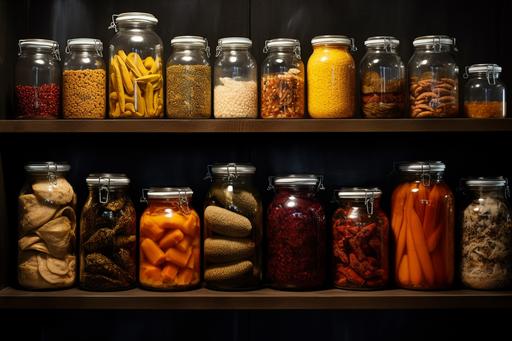 jars of dried foods, condiments, olive oil, mustard, pickles, mushrooms, mustard seeds, in the style of dark pink and dark orange, farm security administration aesthetics, photo-realistic techniques, light gray and light amber, bauhaus, high quality photo, hallyu --ar 128:85