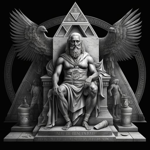 black and white, a pyramid with an eye, Greek sculpture ultra realistic, an muscular elderly man arms crossed with angel wings, seated, a white cloth outfit, a beard, an hourglass in his hand for time, a checkerboard, a compass , two pillars, temple of solomon, initial F.M, skull