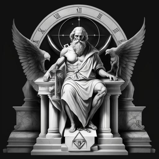 black and white, a pyramid with an eye, Greek sculpture ultra realistic, an muscular elderly man arms crossed with angel wings, seated, a white cloth outfit, a beard, an hourglass in his hand for time, a checkerboard, a compass , two pillars, temple of solomon, initial F.M, skull
