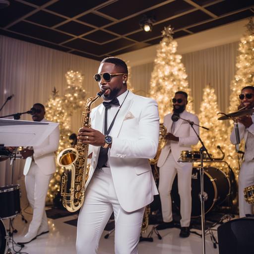 jazz band at an all white jazz christmas party in lagos Nigeria. MC is wearing an all white tuxedo. Decor is white and gold