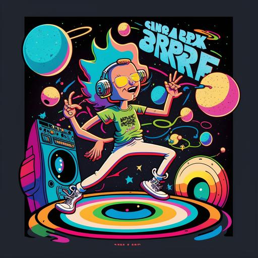 jazzercise in outer space, with music playing from a rainbow 80s boom box, space themed, drawn in the style of rick and morty, neon space cartoon, rick and morty planet