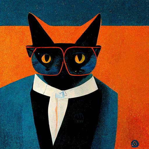 cat warning black and orange tuxedo with blue eyes and glasses in the office room