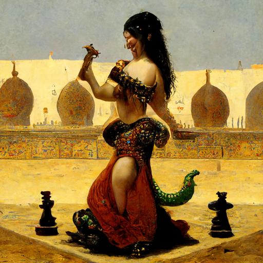 jean Leon gerome style, smiling belly dancer playing chess with dragon on a town aquare