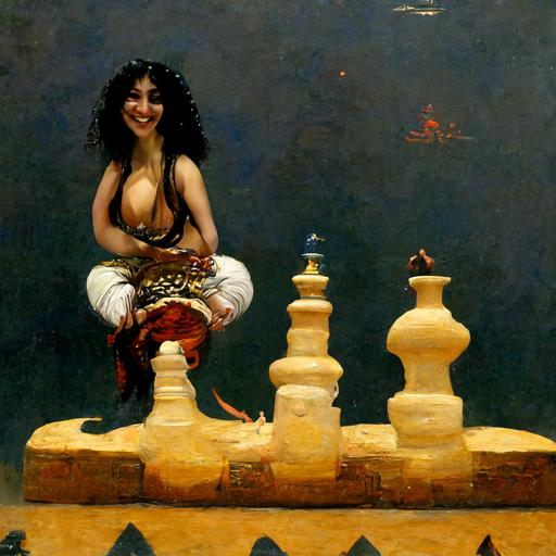 jean Leon gerome style, smiling  belly dancer  playing  chess with dragon on a town aquare