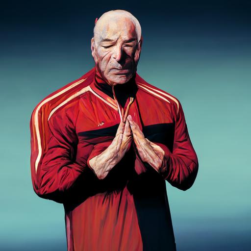 jean-luc picard performing a face palm while doing a fitness workout dressed in red reebok tracksuit