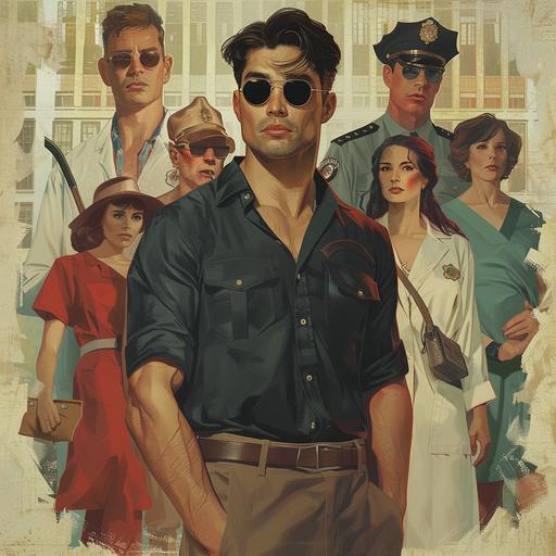 Imagine an elegant noir encounter scene where a young and handsome man, poker player, wearing a dress shirt and sunglasses, stands at the center. Beside him stands a woman dressed as a medical professional, representing the field of medicine. In the background, there is a setting comprised of professionals from various occupations, including a firefighter with his hat, a nurse, a baker, a police officer, and others. All characters are smiling and cheerful, highlighting the diversity of professions and shared joy. The environment is sophisticated and harmonious, reflecting the importance and value of each profession in modern society.