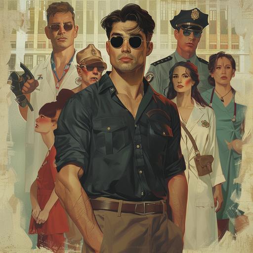 Imagine an elegant noir encounter scene where a young and handsome man, poker player, wearing a dress shirt and sunglasses, stands at the center. Beside him stands a woman dressed as a medical professional, representing the field of medicine. In the background, there is a setting comprised of professionals from various occupations, including a firefighter with his hat, a nurse, a baker, a police officer, and others. All characters are smiling and cheerful, highlighting the diversity of professions and shared joy. The environment is sophisticated and harmonious, reflecting the importance and value of each profession in modern society. --v 6.0