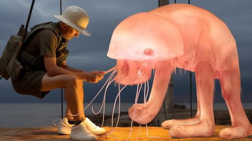 jellyfish feline soldier eating vegetable tray in footwear for ancient macedonian lighthouse starring George C. Scott high-contrast sandstorm, soft lighting, --no text --ar 16:9 --s 100 --seed 6500 --style raw