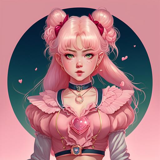 jennie from blackpink as sailor chibiusa in pink fluffy ribbon outfit pink skies heart shaped gemstone jewelry